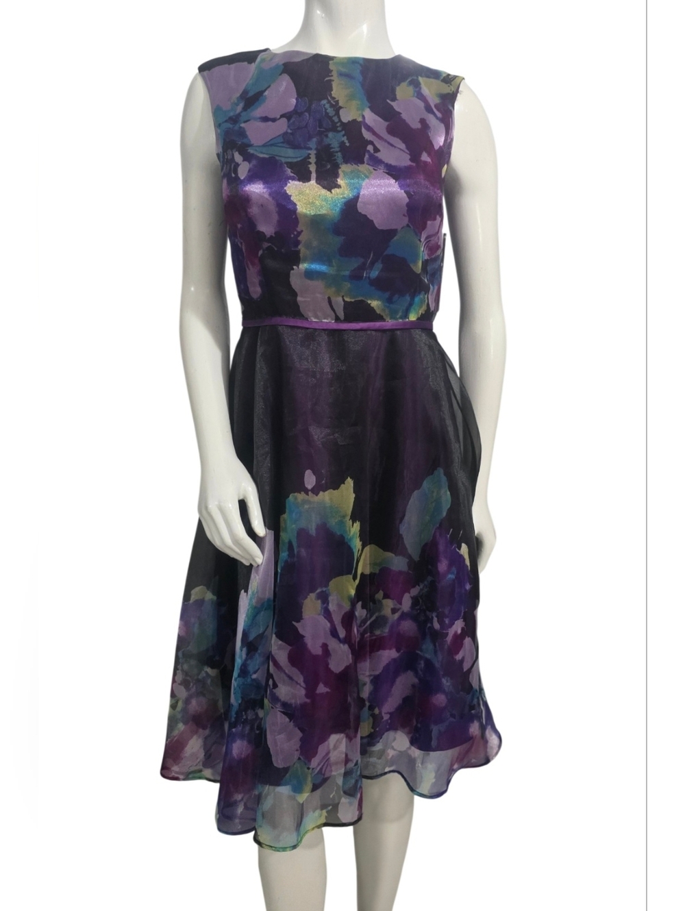 Tahari ASL Sleeveless Purple Floral Fit-and-Flare Dress Size 8 NWT - Picture 2 of 15